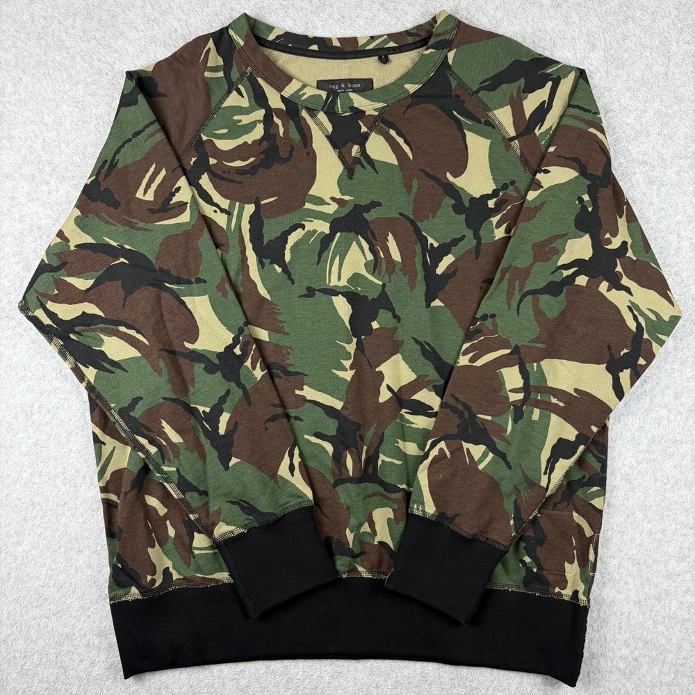 Rag & Bone Sweatshirt Men XL Green Brushstroke Camo Raglan Terry Cotton Pullover